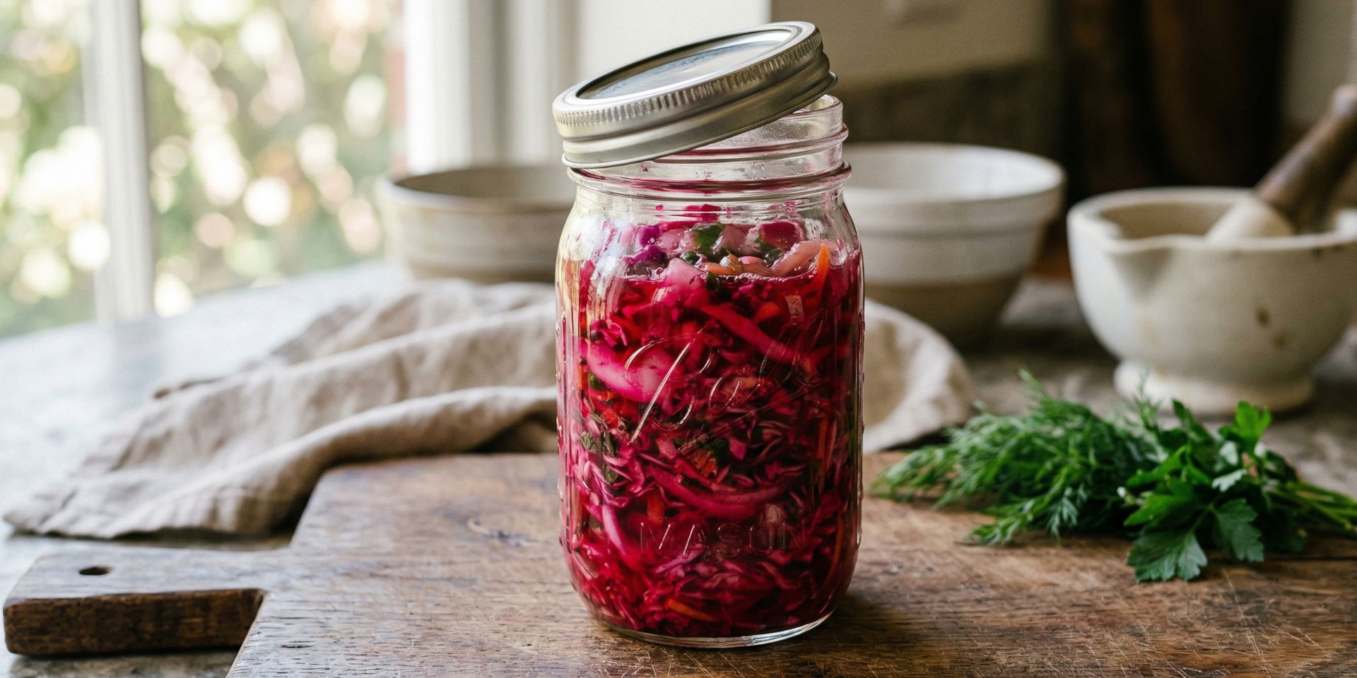 Fermented beet and cabbage slaw in a glass mason jar on a wooden kitchen surface, showing vibrant pink and purple colours from the beet and red cabbage