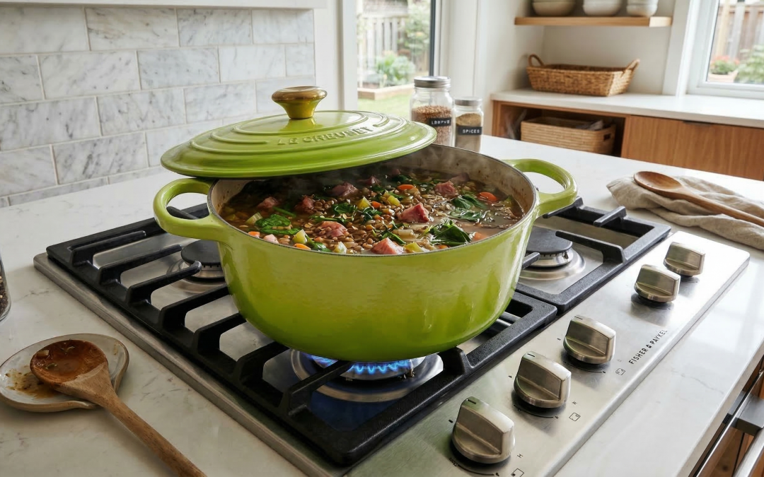 Ham bone lentil soup with vegetables cooking in a green Dutch oven on a stovetop.