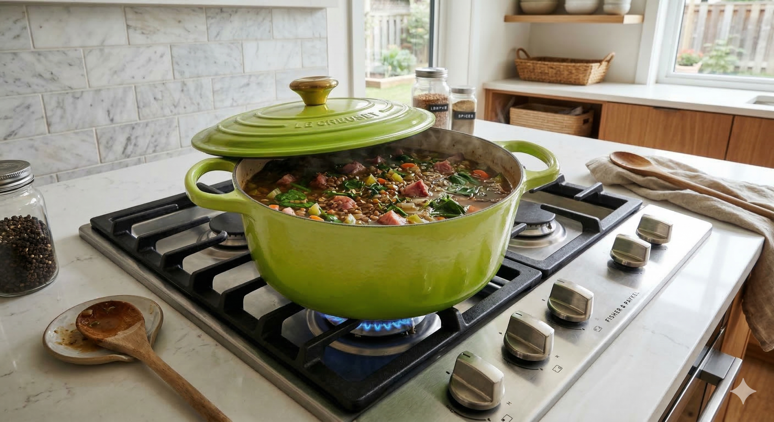 Ham bone lentil soup with vegetables cooking in a green Dutch oven on a stovetop.
