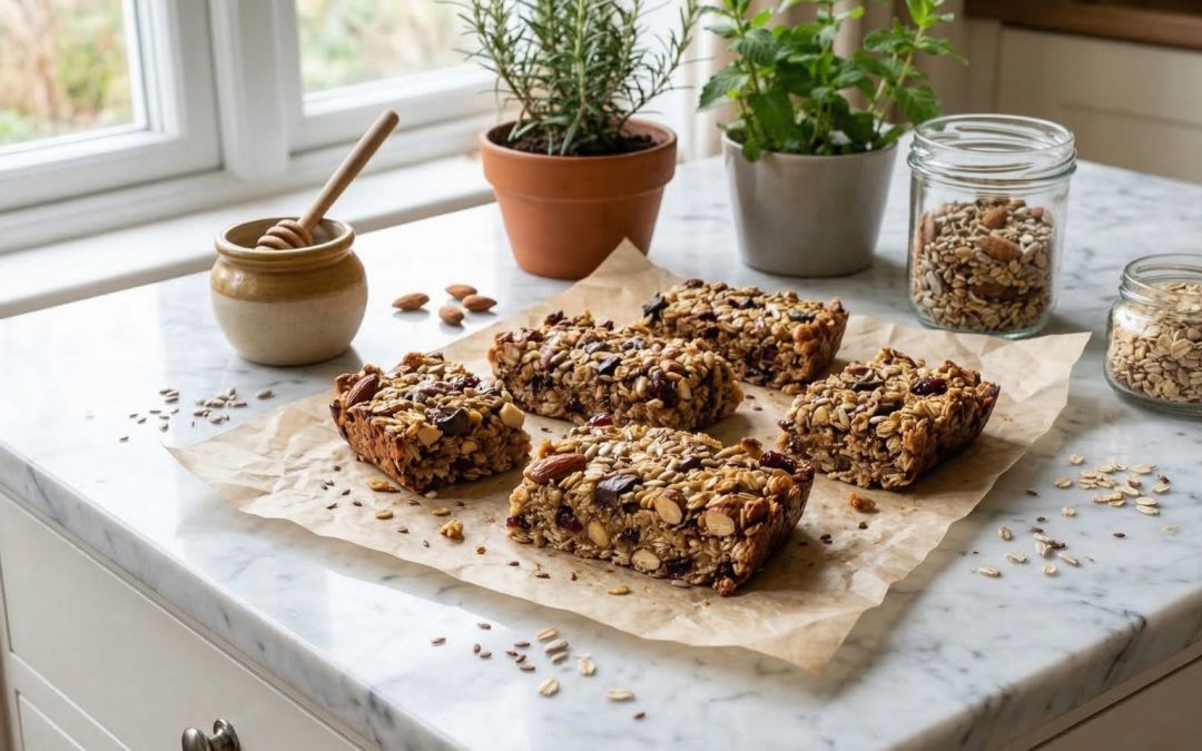 Homemade honey oat snack bars cut into squares on parchment paper.