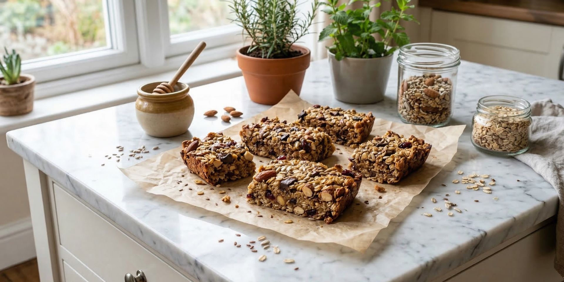 Homemade honey oat snack bars cut into squares on parchment paper.