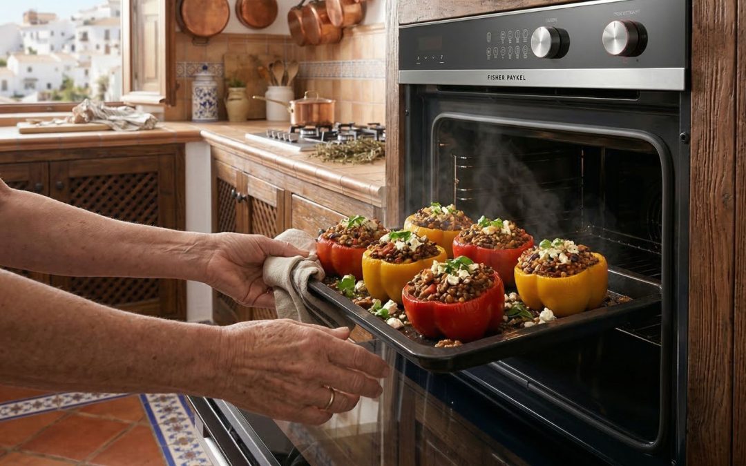 Tray of Mediterranean lentil and walnut stuffed bell peppers being removed from the oven in a rustic kitchen.