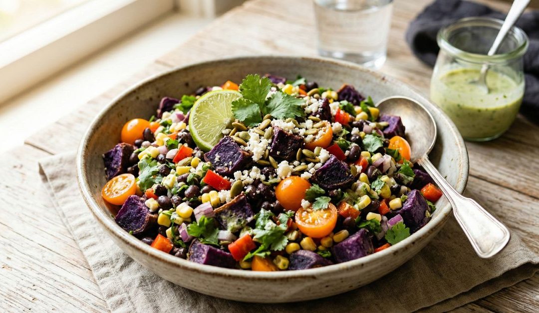 A rustic ceramic bowl filled with purple sweet potato and black bean salad, topped with cherry tomatoes, corn, cilantro, and a lime wedge, with a jar of green dressing alongside.