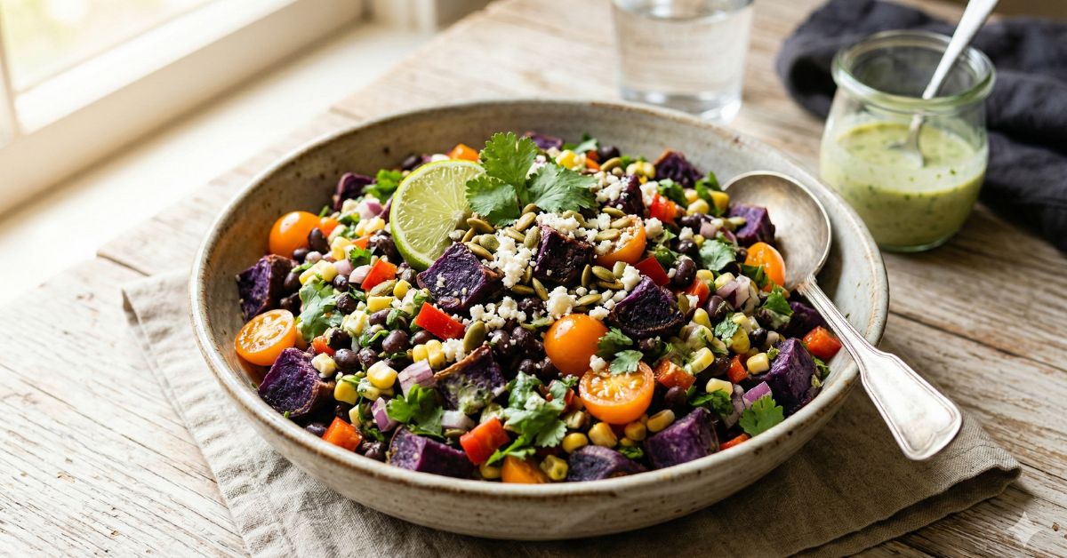 A rustic ceramic bowl filled with purple sweet potato and black bean salad, topped with cherry tomatoes, corn, cilantro, and a lime wedge, with a jar of green dressing alongside.