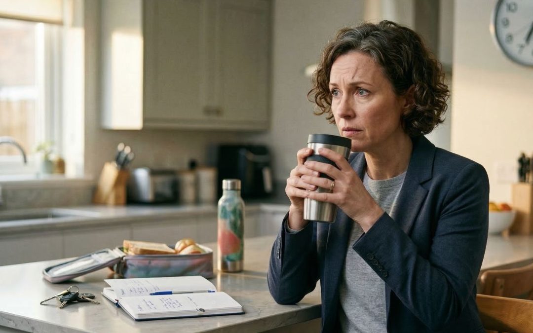 Woman sitting at kitchen counter holding coffee in the morning, looking thoughtful about her daily routine.