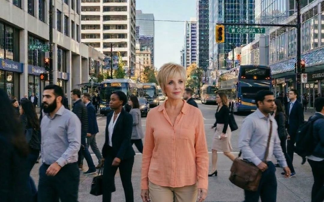 Woman standing calmly in the middle of a busy city street while people move around her, symbolizing the body’s ability to reset during stress.