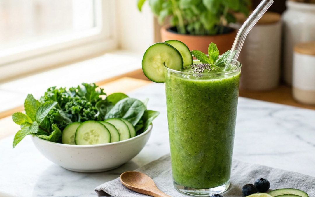 Green goddess anti-inflammatory smoothie in a tall clear glass with a metal straw, surrounded by fresh cucumber, spinach, and avocado ingredients on a marble surface