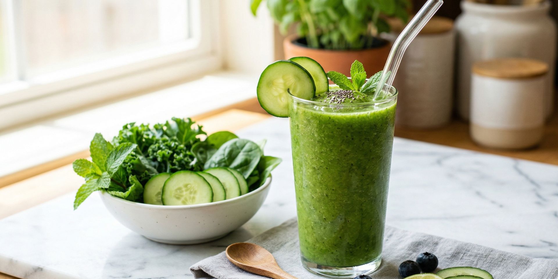 Green goddess anti-inflammatory smoothie in a tall clear glass with a metal straw, surrounded by fresh cucumber, spinach, and avocado ingredients on a marble surface