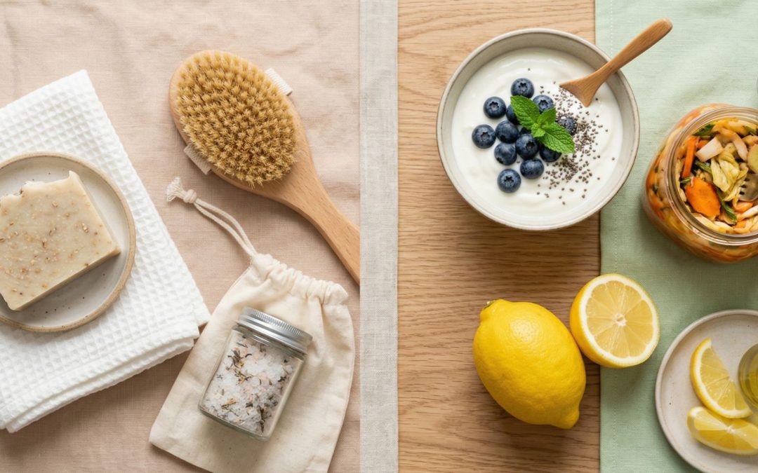 Natural soap, body brush and bath salts alongside yoghurt with blueberries, fermented vegetables and lemon representing the gut-skin hygiene connection