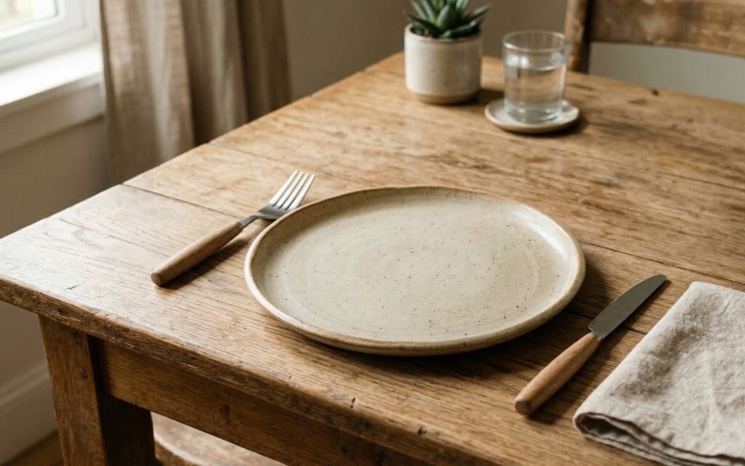 Empty plate with fork and knife on rustic wooden table in natural light.