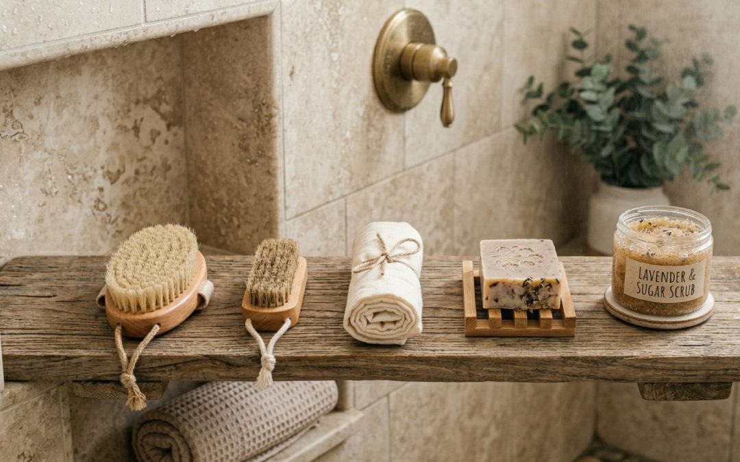 Natural body brush, nail brush, rolled towel, soap bar and lavender sugar scrub arranged on a rustic wooden shower shelf