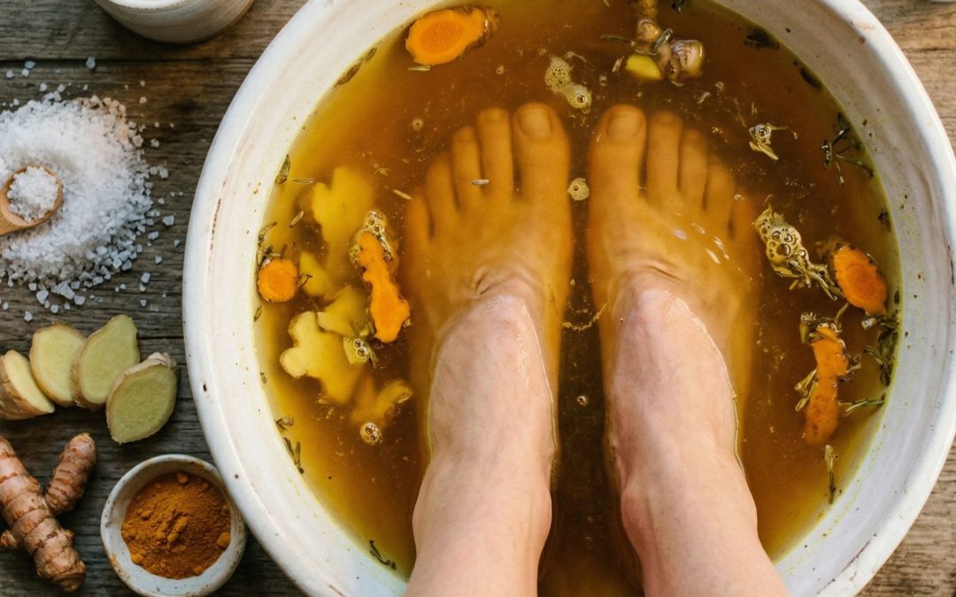 Feet soaking in a golden turmeric and ginger anti-inflammatory foot bath, surrounded by fresh turmeric root, ground turmeric, sliced ginger, Epsom salt, and dried lavender on a rustic wooden surface.