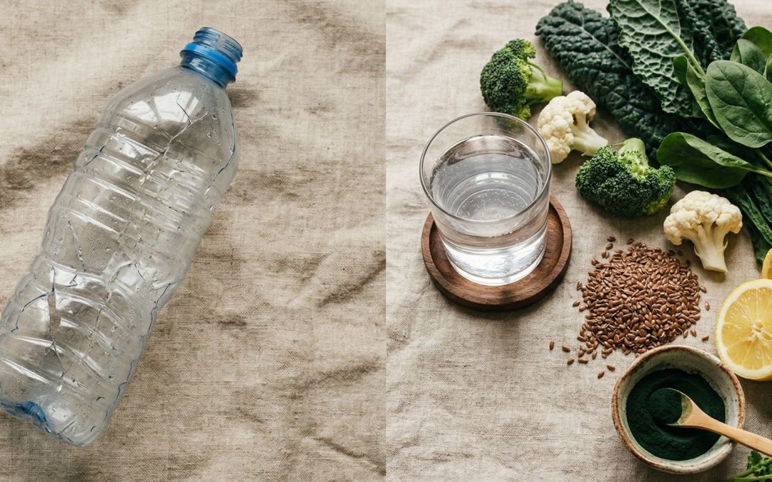 A split flat-lay on natural linen: a cracked, empty plastic water bottle on the left contrasted with a glass of clean water, broccoli, cauliflower, kale, spinach, flaxseeds, lemon, and a small bowl of green chlorella powder on the right — representing the choice between plastic exposure and nutritional detox support.
