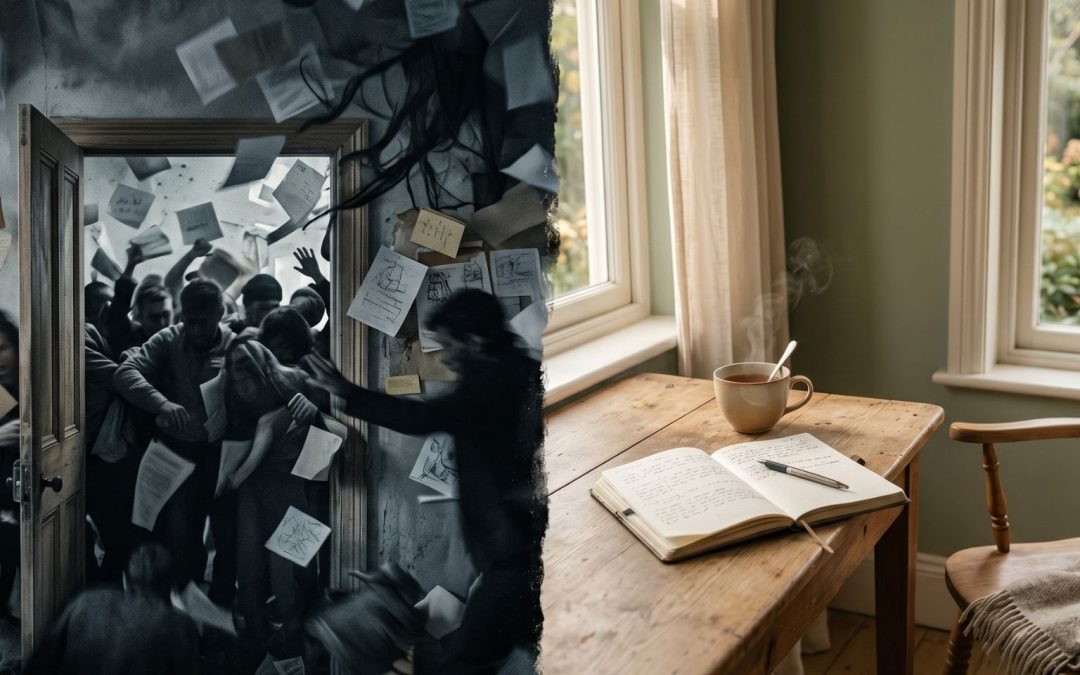 Split scene showing chaotic doorway with overwhelming shadowy figures versus peaceful tea and journal setting representing healthy emotional boundaries for metabolic health