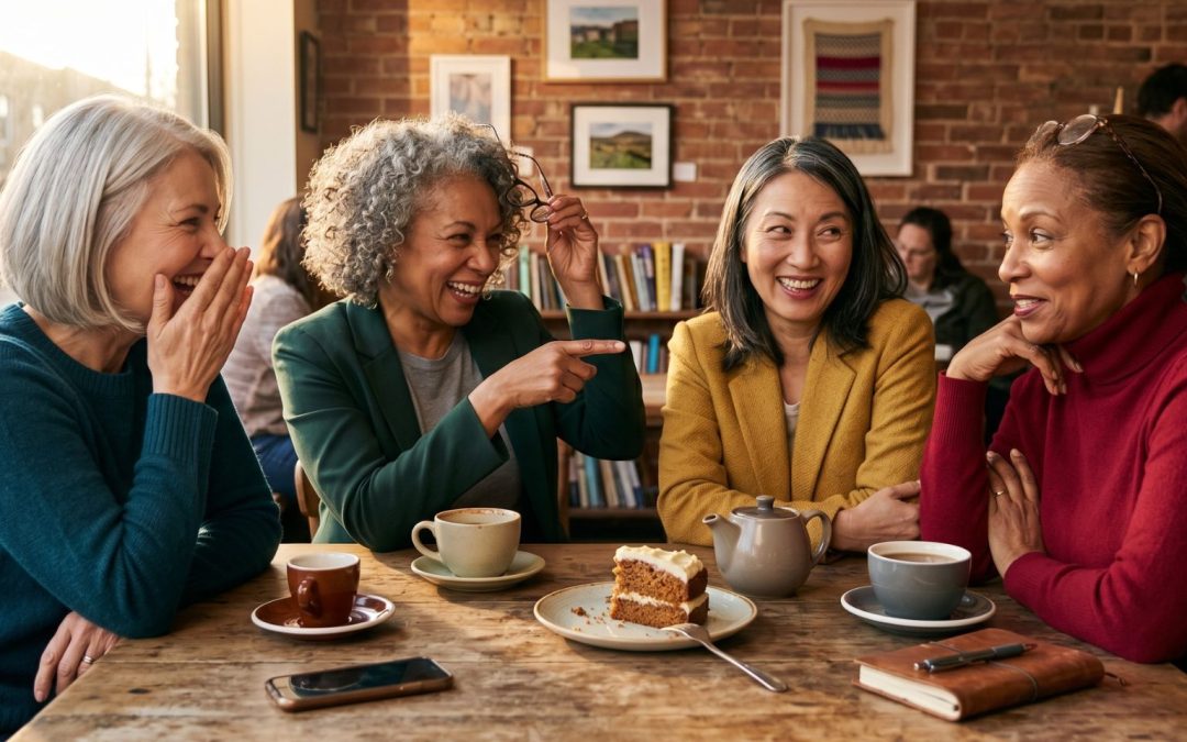 Four women in their late 40s to early 60s seated around a wooden café table in golden afternoon light, laughing and leaning into conversation. Coffee cups, a slice of cake, a face-down phone, and a notebook are scattered across the table. The warm, candid scene captures the energy of women finally talking openly about something they've never said out loud before.