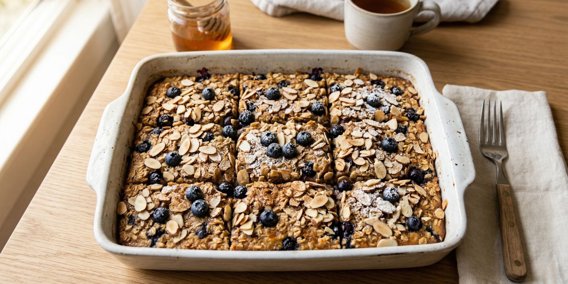 Baked blueberry almond protein oats sliced into nine squares in a white ceramic dish on a wooden table by a window, topped with sliced almonds and fresh blueberries