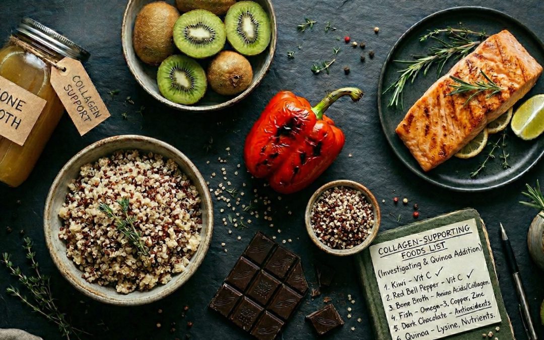 Collagen-supporting foods including bone broth, kiwi, red bell pepper, grilled salmon, dark chocolate, and quinoa on a dark slate surface with a handwritten investigative notebook listing each food and its collagen benefit.