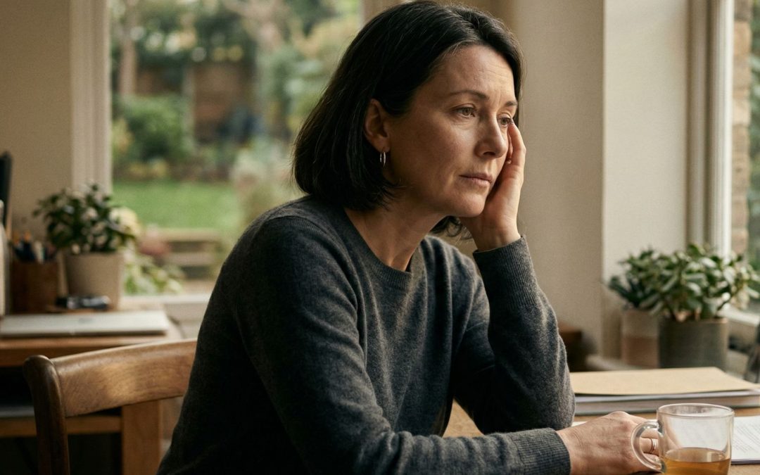 Woman in her 40s sitting at a home desk with a cup of tea, looking quietly exhausted and gazing out the window — illustrating the hidden connection between fascial restriction and unexplained fatigue.