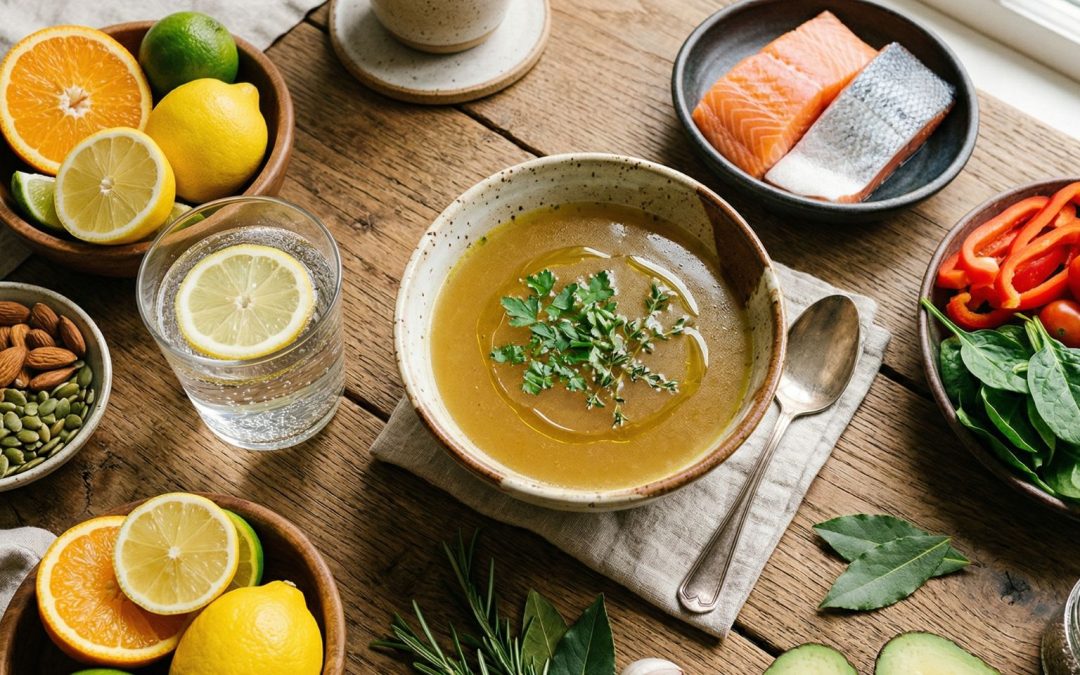 A rustic wooden table spread with fascia-supportive foods including bone broth, wild salmon, citrus, leafy greens, nuts, seeds, avocado and lemon water — representing a complete daily eating protocol for connective tissue health.