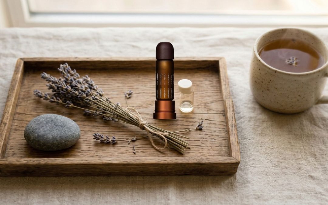 A wooden tray holding a nasal aromatherapy inhaler, dried lavender, a smooth stone, and a mug of herbal tea on a linen surface — natural stress relief tools for micro-coping