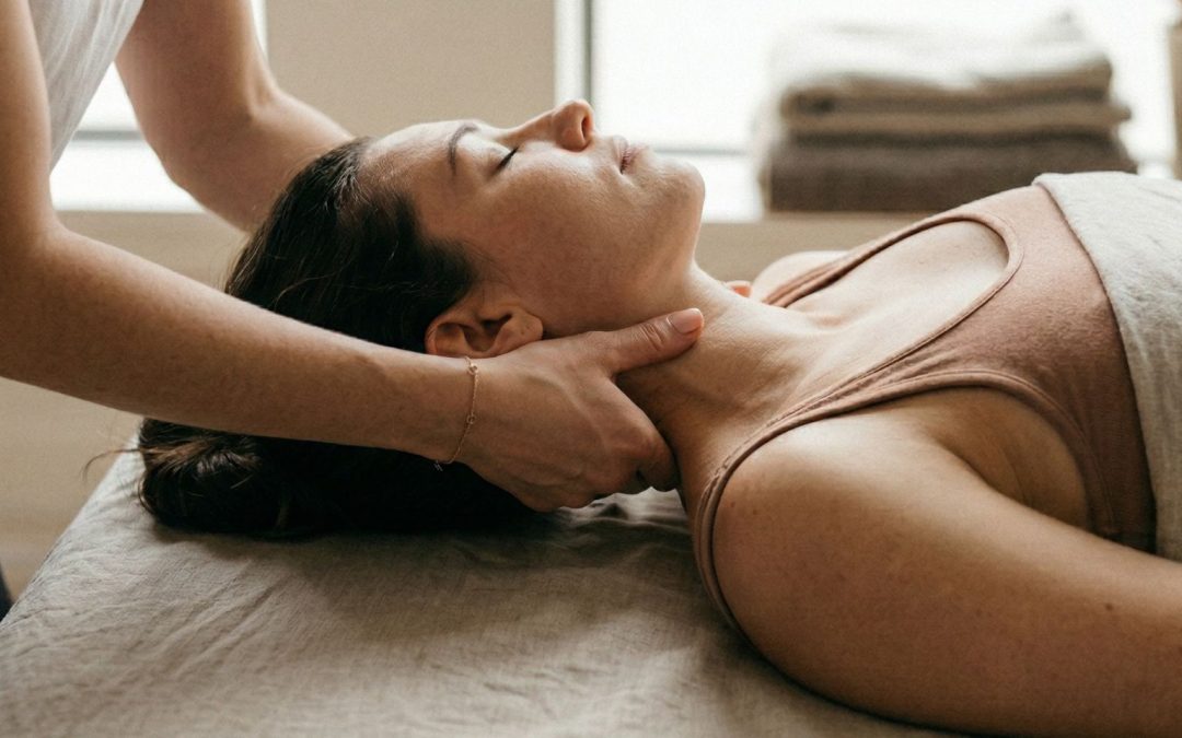 Therapist performing myofascial release on a woman's neck and suboccipital region in a calm, softly lit treatment room — illustrating the professional bodywork that supports fascial release and connective tissue health.