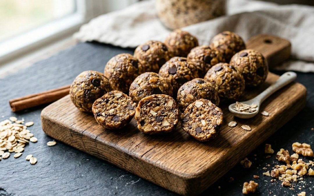 No-bake sunflower seed protein energy bites with dark chocolate chips piled on a rustic wooden board on a dark slate surface, two cut open to show the interior texture