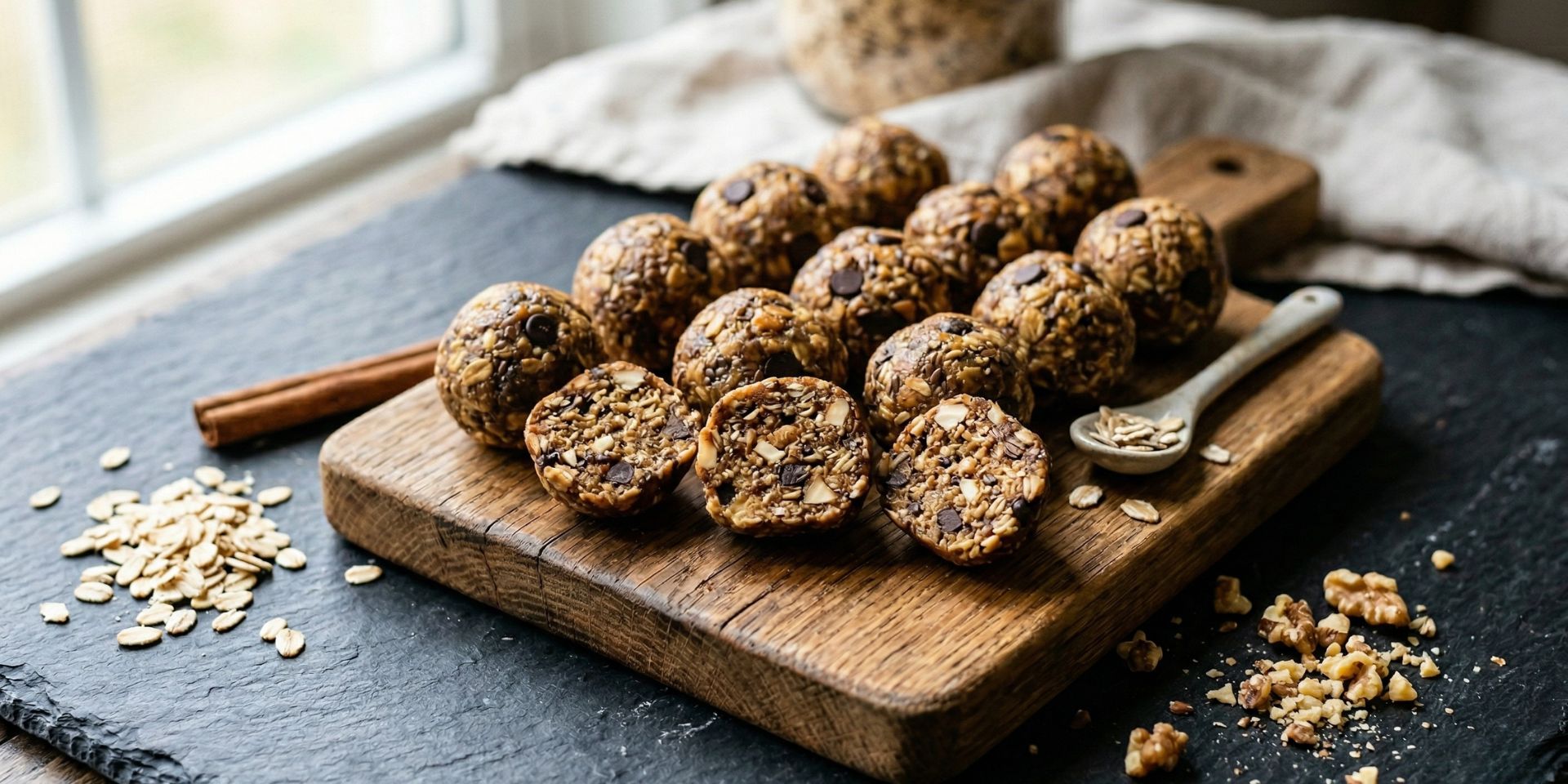 No-bake sunflower seed protein energy bites with dark chocolate chips piled on a rustic wooden board on a dark slate surface, two cut open to show the interior texture