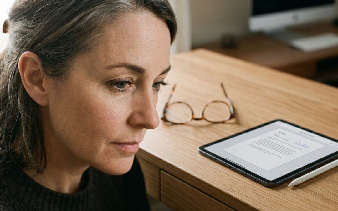 Midlife woman reading thoughtfully on a tablet at a wooden desk, with reading glasses resting nearby in soft natural window light