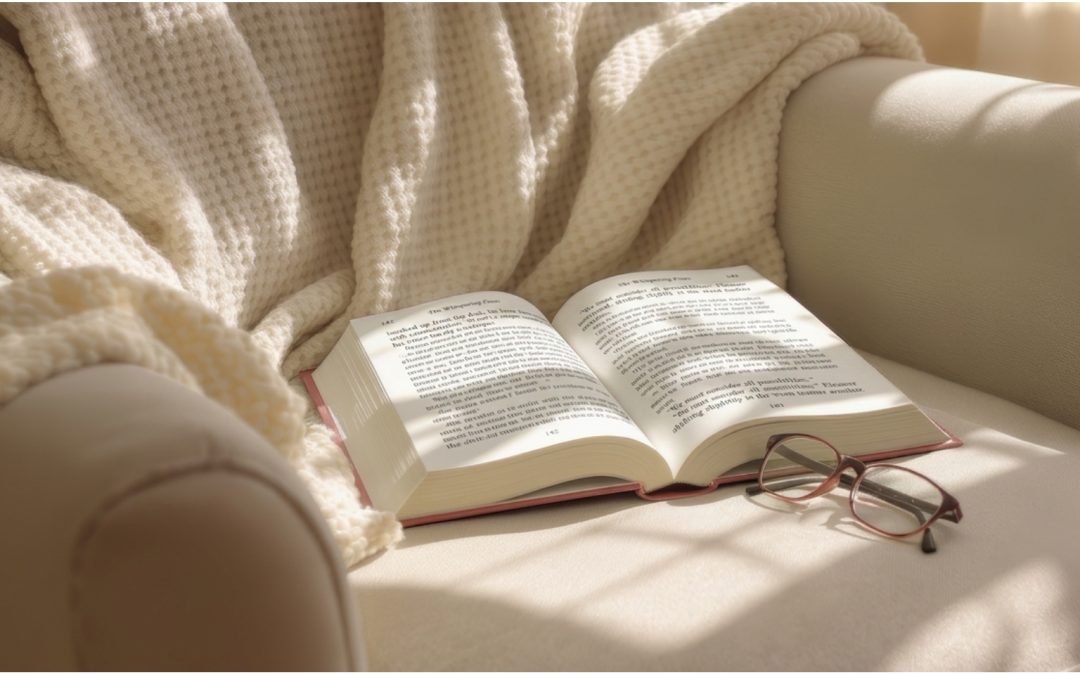 An empty reading chair beside a window with a book left open, soft natural light, suggesting time passed unnoticed.