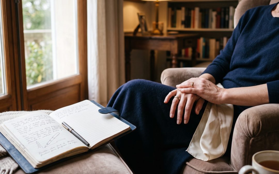 A woman sitting quietly with her hands clasped in her lap beside an open journal and pen, warm lamplight and bookshelves behind her, evoking calm reflection.