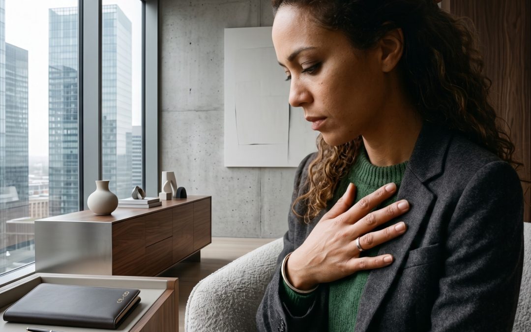 A professional woman resting her hand over her chest, gazing down in quiet reflection by a window, evoking the link between emotional and physical pain.