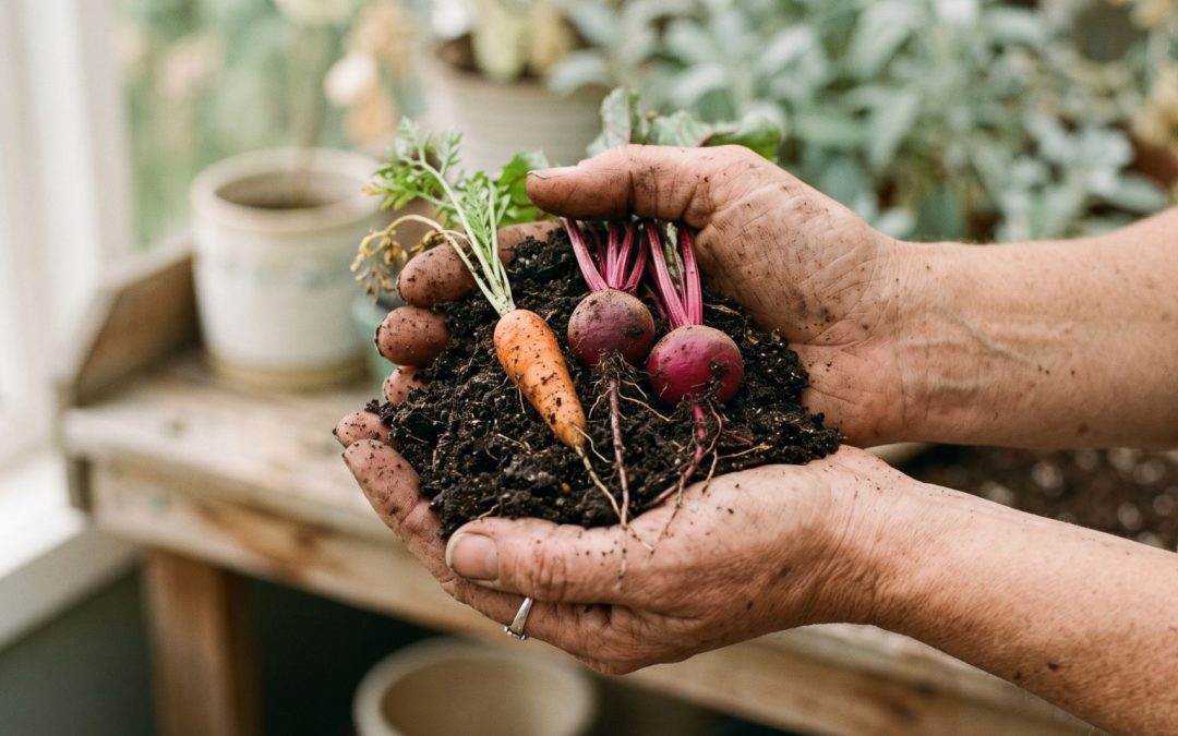 A woman's cupped hands holding dark soil with a fresh carrot and beet, soft natural light