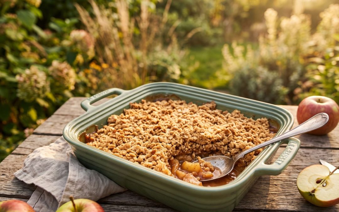 Golden oat-topped apple crumble in a sage baking dish on a rustic garden table, one corner scooped to reveal soft cinnamon apples, with fresh apples and a spoon in warm end-of-summer light.