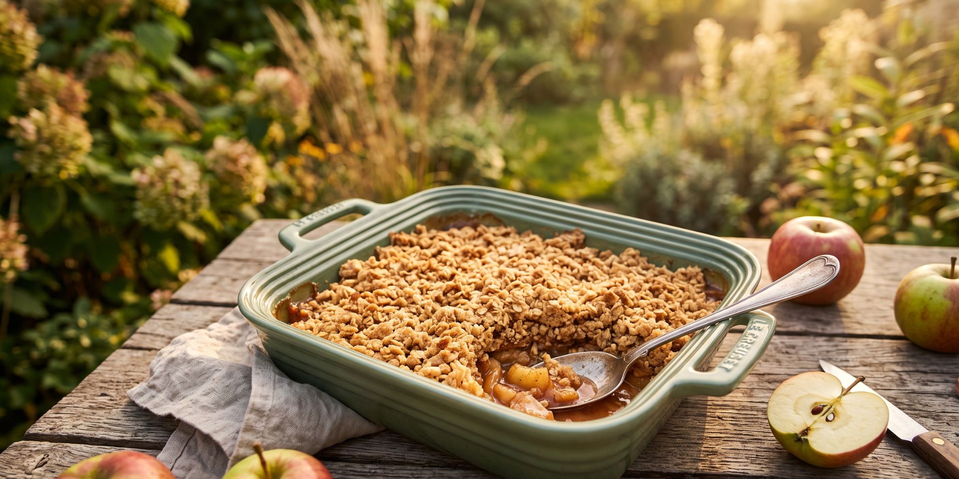 Golden oat-topped apple crumble in a sage baking dish on a rustic garden table, one corner scooped to reveal soft cinnamon apples, with fresh apples and a spoon in warm end-of-summer light.