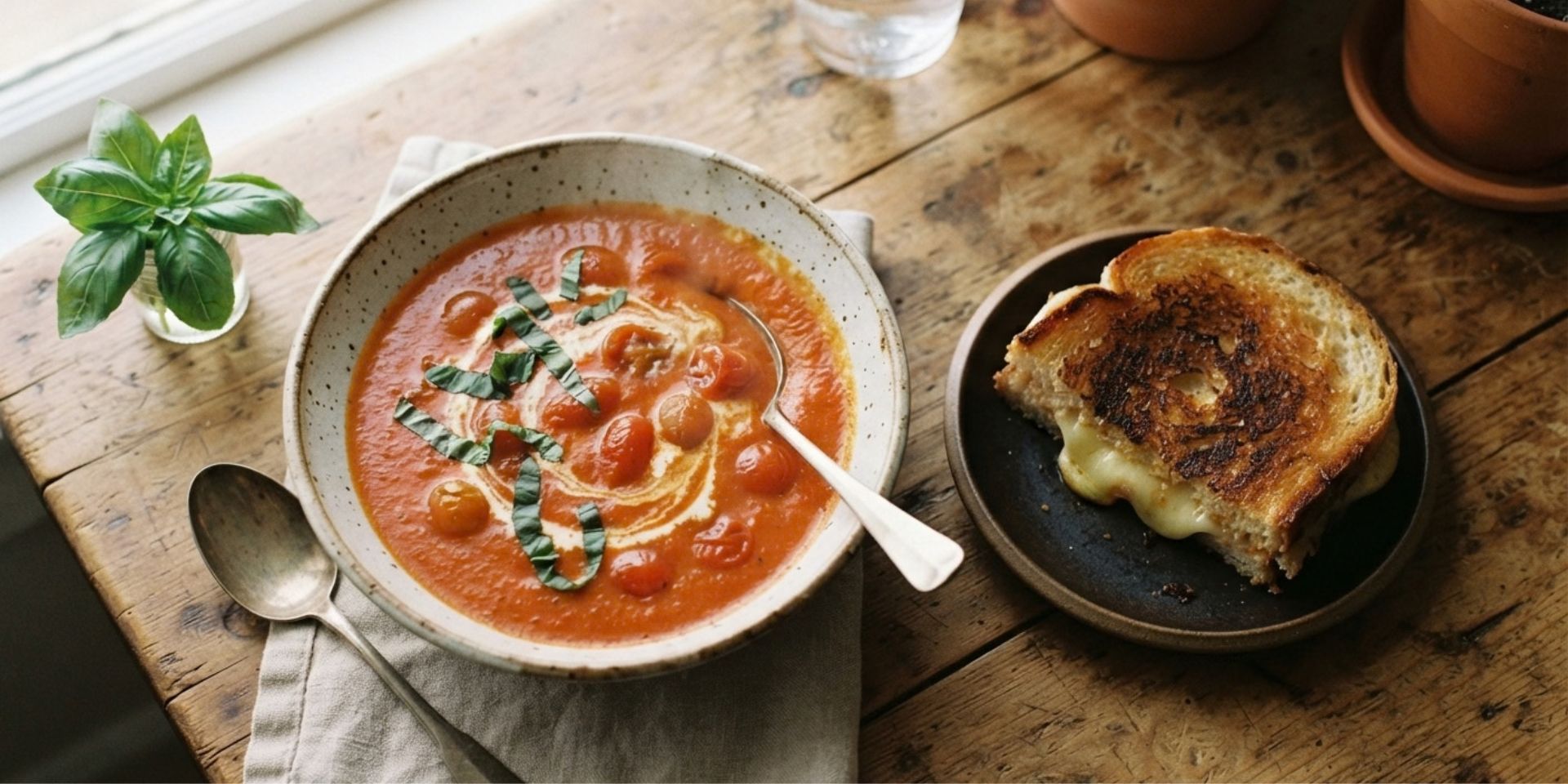 Bowl of homemade garden tomato soup topped with a cream swirl, fresh basil chiffonade, and whole cherry tomatoes, served alongside a golden grilled cheese sandwich on a rustic wooden table.