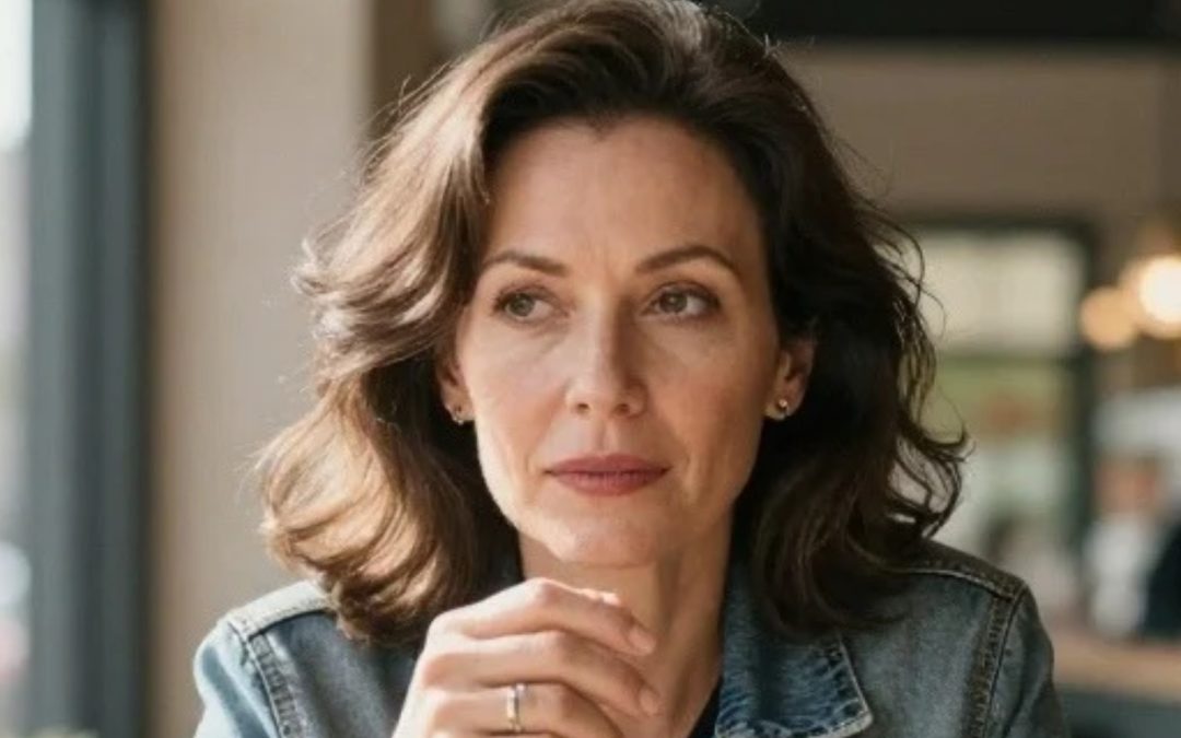 A woman sits in a café, looking thoughtful, hands clasped — the gut-brain conversation nobody's having with you