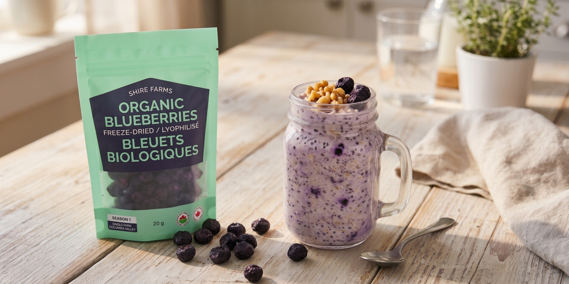 A jar of blueberry overnight oats topped with walnuts and freeze-dried blueberries beside a pouch of Shire Farms organic blueberries on a wooden table