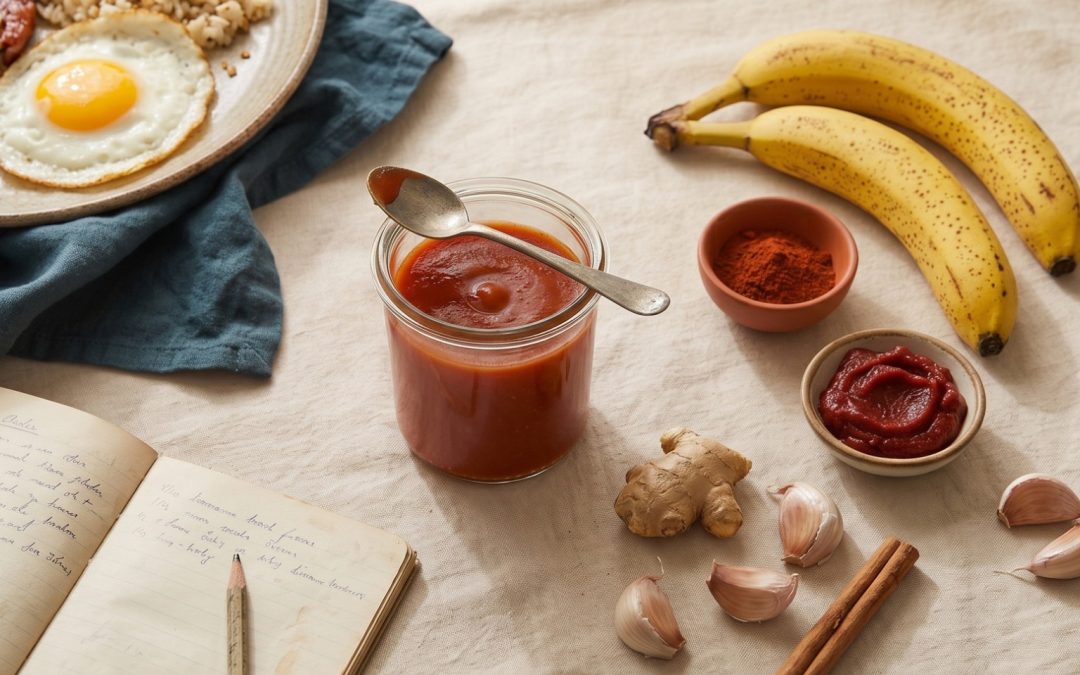 Homemade banana ketchup in a glass jar with ripe bananas, ginger, garlic, spices, a Filipino breakfast plate, and an open notebook