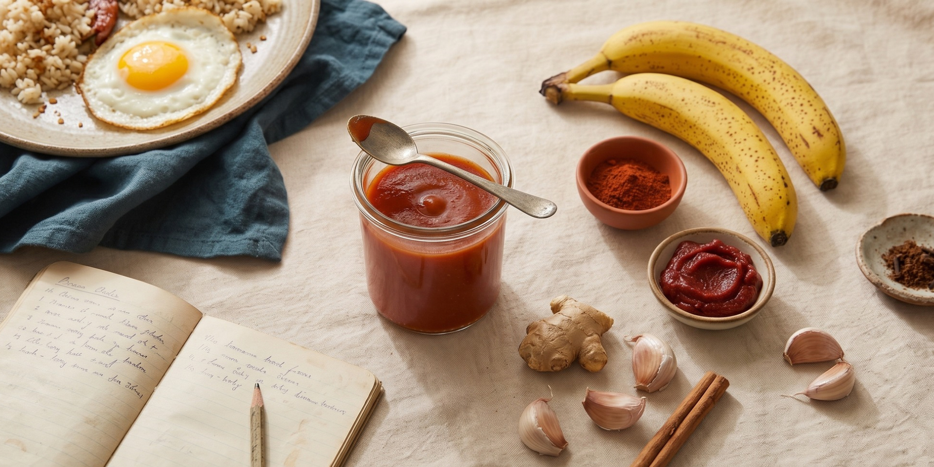 Homemade banana ketchup in a glass jar with ripe bananas, ginger, garlic, spices, a Filipino breakfast plate, and an open notebook
