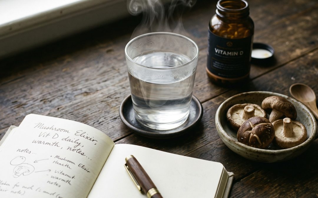 An open notebook with handwritten health notes, a steaming glass of water, a Vitamin D supplement bottle and a ceramic bowl of shiitake mushrooms on dark worn wood — nutritional support for immune function in chronic conditions.