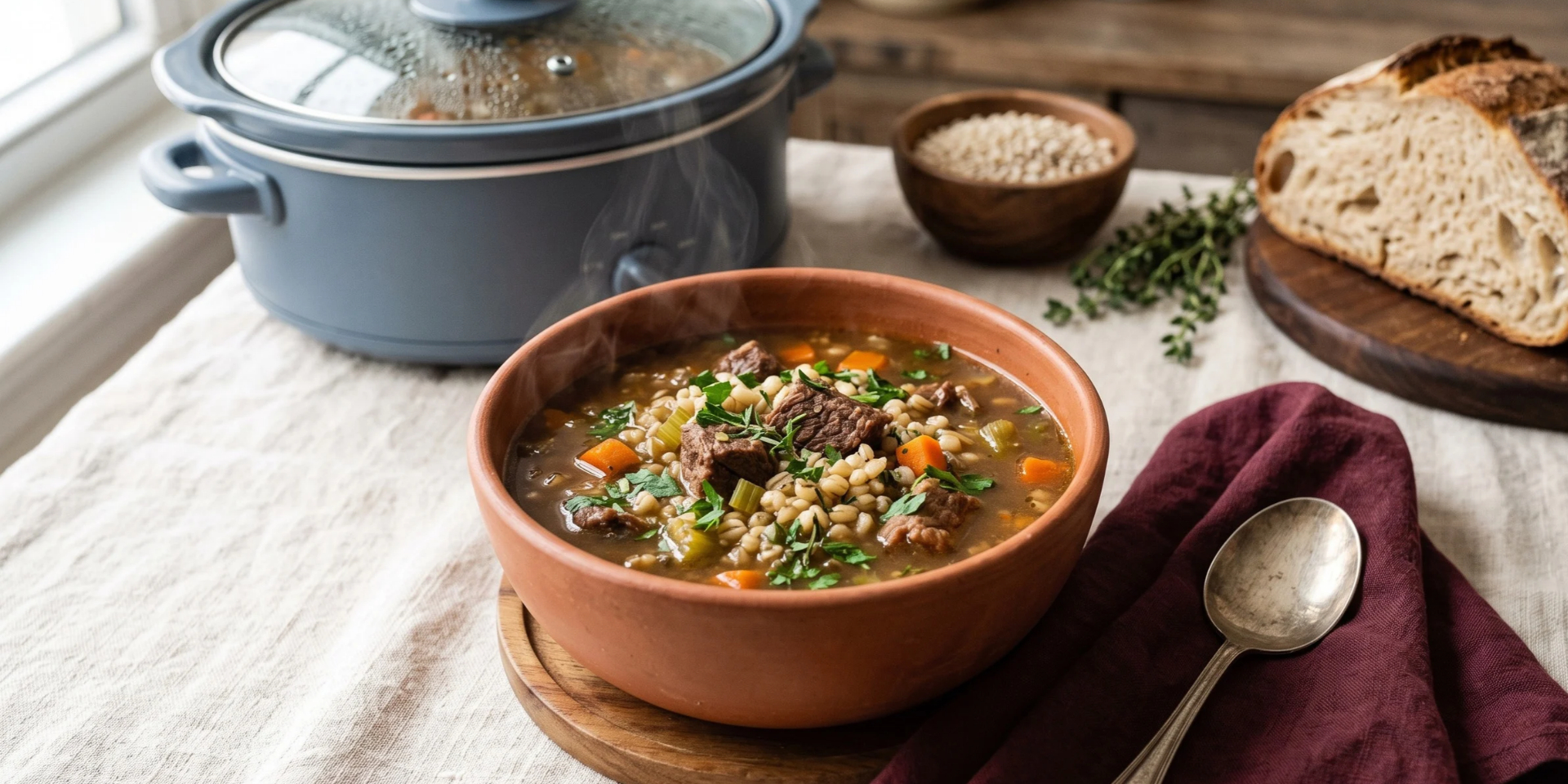 A terracotta bowl of slow cooker beef barley soup with tender beef, carrots, celery, and pearl barley, topped with fresh parsley, beside a slate-blue slow cooker, crusty bread, and fresh thyme